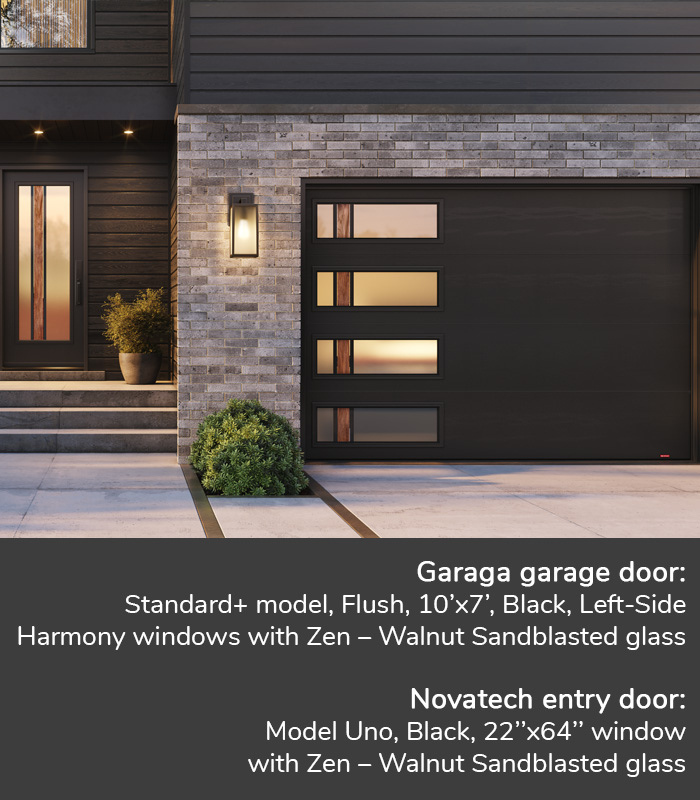 GARAGA garage doors | Standard+ model, Flush, 10’x7’, Black, Left-Side Harmony windows with Zen – Walnut Sandblasted glass  | Novatech Entry door
